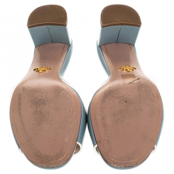 Pre Owned  Prada Powder Grey Patent Saffiano Leather Block Heel Open Toe Sandals Size 36