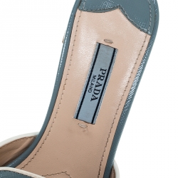 Pre Owned  Prada Powder Grey Patent Saffiano Leather Block Heel Open Toe Sandals Size 36