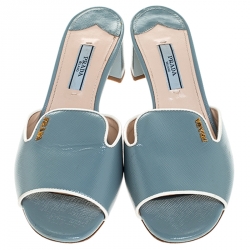 Pre Owned  Prada Powder Grey Patent Saffiano Leather Block Heel Open Toe Sandals Size 36