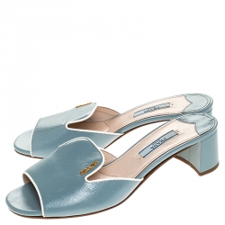 Pre Owned  Prada Powder Grey Patent Saffiano Leather Block Heel Open Toe Sandals Size 36