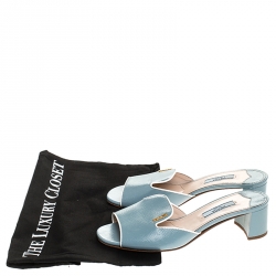 Pre Owned  Prada Powder Grey Patent Saffiano Leather Block Heel Open Toe Sandals Size 36