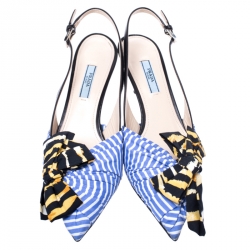 Pre Owned Prada Multicolor Fabric And Leather Bow Pointed Toe Slingback Sandals Size 38.5
