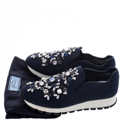 Pre Owned Prada Navy Blue Canvas Crystal Embellished Slip On Sneakers Size 36.5
