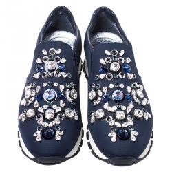Pre Owned Prada Navy Blue Canvas Crystal Embellished Slip On Sneakers Size 36.5