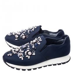 Pre Owned Prada Navy Blue Canvas Crystal Embellished Slip On Sneakers Size 36.5