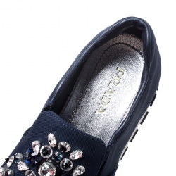 Pre Owned Prada Navy Blue Canvas Crystal Embellished Slip On Sneakers Size 36.5