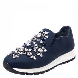 Pre Owned Prada Navy Blue Canvas Crystal Embellished Slip On Sneakers Size 36.5