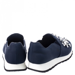 Pre Owned Prada Navy Blue Canvas Crystal Embellished Slip On Sneakers Size 36.5