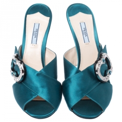 Prada Dark Green Crystal Embellished Criss Cross Satin Sandals Size 41