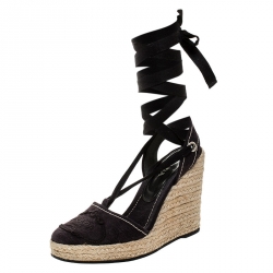 Pre Owned Prada Navy Blue Canvas Espadrilles Ankle Wrap Wedge Sandals Size 37