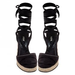 Pre Owned Prada Navy Blue Canvas Espadrilles Ankle Wrap Wedge Sandals Size 37