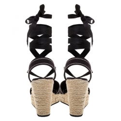 Pre Owned Prada Navy Blue Canvas Espadrilles Ankle Wrap Wedge Sandals Size 37