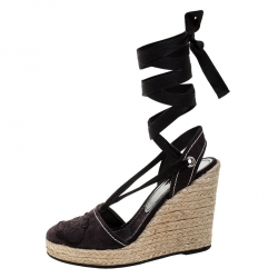 Pre Owned Prada Navy Blue Canvas Espadrilles Ankle Wrap Wedge Sandals Size 37