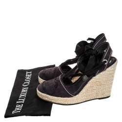 Pre Owned Prada Navy Blue Canvas Espadrilles Ankle Wrap Wedge Sandals Size 37