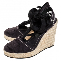 Pre Owned Prada Navy Blue Canvas Espadrilles Ankle Wrap Wedge Sandals Size 37