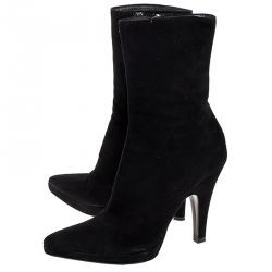 Pre Owned Prada Black Suede Pointed Toe Platform Ankle Boots Size 36