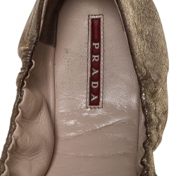 Pre Owned  Prada Metallic Gold Leather Bow Logo Scrunch Ballet Flats Size 40.5