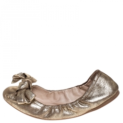  Prada Metallic Gold Leather Bow Logo Scrunch Ballet Flats Size 40.5
