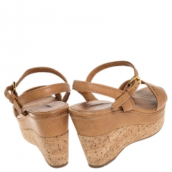 Prada Tan Leather Cork Wedge Ankle Strap Open Toe Sandals Size 38