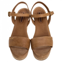 Prada Tan Leather Cork Wedge Ankle Strap Open Toe Sandals Size 38
