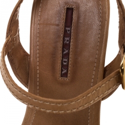 Prada Tan Leather Cork Wedge Ankle Strap Open Toe Sandals Size 38
