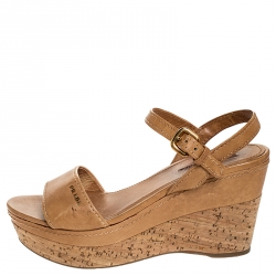 Prada Tan Leather Cork Wedge Ankle Strap Open Toe Sandals Size 38