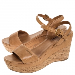 Prada Tan Leather Cork Wedge Ankle Strap Open Toe Sandals Size 38
