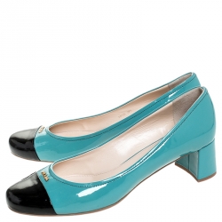Pre Owned Prada Two Tone Patent Leather Cap Toe Block Heel Pumps Size 39.5