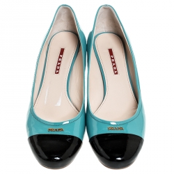 Pre Owned Prada Two Tone Patent Leather Cap Toe Block Heel Pumps Size 39.5