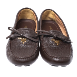 Pre Owned Prada Brown Leather Bow Loafers Size 38