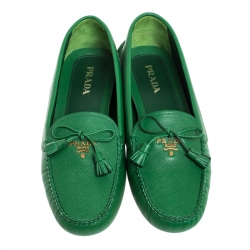Pre Owned Prada Green Saffiano Leather Bow Loafers Size 40