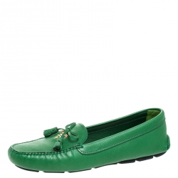 Pre Owned Prada Green Saffiano Leather Bow Loafers Size 40