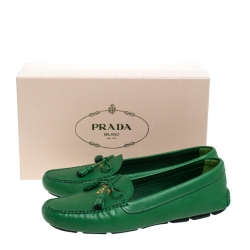 Pre Owned Prada Green Saffiano Leather Bow Loafers Size 40