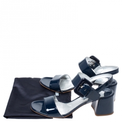 Prada Blue Patent Leather Block Heel Ankle Strap Sandals Size 39