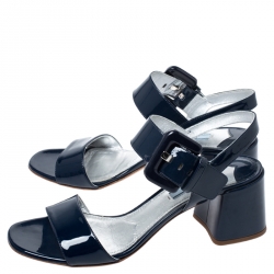 Prada Blue Patent Leather Block Heel Ankle Strap Sandals Size 39