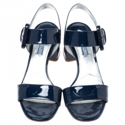 Prada Blue Patent Leather Block Heel Ankle Strap Sandals Size 39
