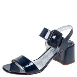 Prada Blue Patent Leather Block Heel Ankle Strap Sandals Size 39