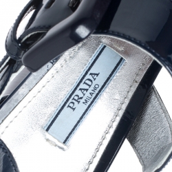 Prada Blue Patent Leather Block Heel Ankle Strap Sandals Size 39