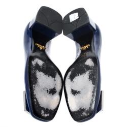 Pre Owned Prada Blue Patent Leather Crystal Buckle Block Heel Pumps Size 37