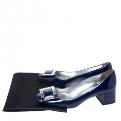 Pre Owned Prada Blue Patent Leather Crystal Buckle Block Heel Pumps Size 37
