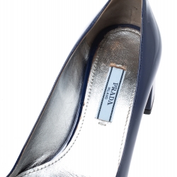 Pre Owned Prada Blue Patent Leather Crystal Buckle Block Heel Pumps Size 37