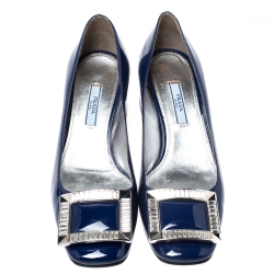 Pre Owned Prada Blue Patent Leather Crystal Buckle Block Heel Pumps Size 37
