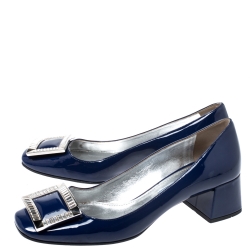 Pre Owned Prada Blue Patent Leather Crystal Buckle Block Heel Pumps Size 37