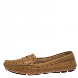 Pre Owned Prada Brown Perforated Leather Slip On Loafers Size 38