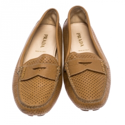 Pre Owned Prada Brown Perforated Leather Slip On Loafers Size 38