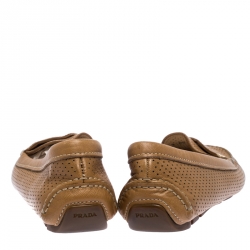 Pre Owned Prada Brown Perforated Leather Slip On Loafers Size 38