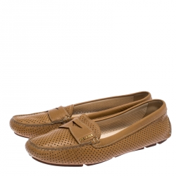 Pre Owned Prada Brown Perforated Leather Slip On Loafers Size 38