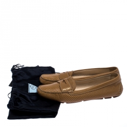 Pre Owned Prada Brown Perforated Leather Slip On Loafers Size 38
