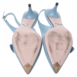 Pre Owned Prada Blue Leather Pointed Toe Bow Slingback Sandals Size 38.5