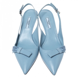 Pre Owned Prada Blue Leather Pointed Toe Bow Slingback Sandals Size 38.5
